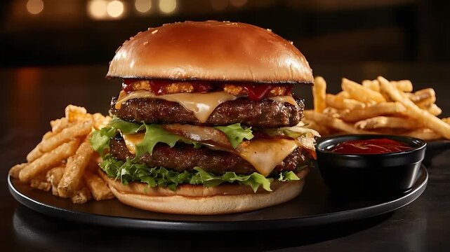 Delicious Double Cheeseburger with Crispy French Fries and Ketchup.