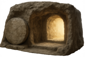 Empty tomb with stone rolled away, light shining, symbolizing resurrection, hope, and new life on transparent background