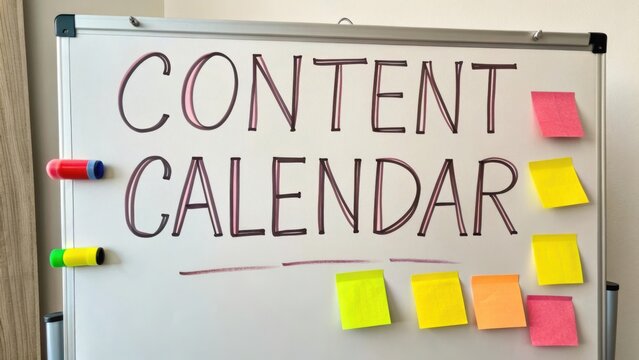 Colorful Sticky Notes on Whiteboard for Content Calendar Planning with Bright Markers for Creative Organization