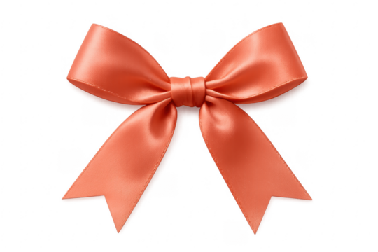 Coral satin bow decorating a present on transparent background