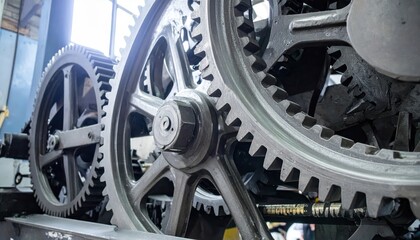 view showcases massive metal gears with intricate teeth meshing together within a machine.