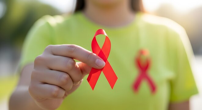 Person holding a red ribbon, symbol of aids awareness, with another ribbon on their shirt