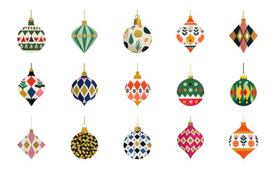 PNG Colorful vintage Christmas ornaments illustration, element set on transparent background