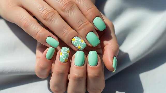 Woman's Hands with Mint Green Manicure Featuring Daisy Nail Art Over White Fabric Under Bright Lighting Decorative Elegant Nails 150 Characters