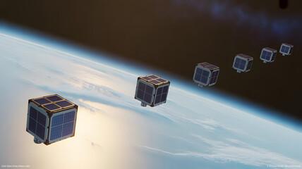 Satellite cubes in space orbiting earth in a row formation