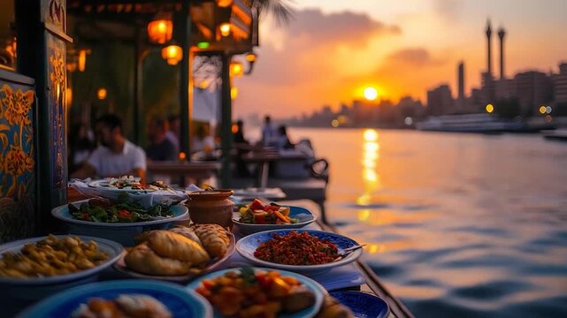 Delicious Middle Eastern Food Served on a Boat at Sunset.