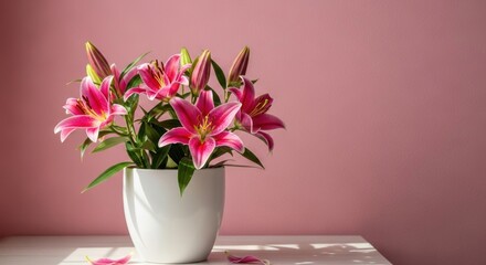 A beautiful bouquet of pink lilies in a white vase on a pink background.