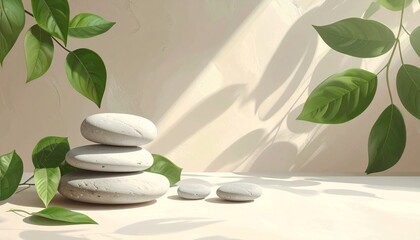 Nature-inspired mockup scene with stones, leaves, and calm lighting. Perfect for eco, skincare, or wellness product visuals.