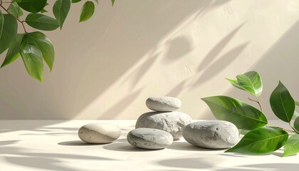 Nature-inspired mockup scene with stones, leaves, and calm lighting. Perfect for eco, skincare, or wellness product visuals.