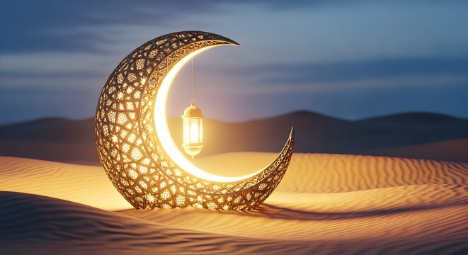 Glowing ramadan lantern hanging inside a decorative crescent moon on a sandy desert dune at dusk with soft light illuminating the scene