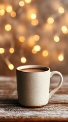Obraz premium Minimal scene of hot chocolate cup and glowing fairy lights, warm neutral tones