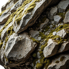 Mossy rocks display nature's textures, with earthy tones and rock details