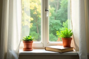 Fototapeta premium Sunlit Window Sill with Succulents and Vintage Book Cozy Spring Home Decor