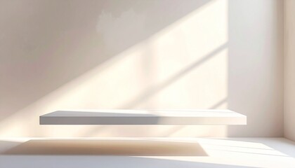 Minimal floating shelf scene with soft lighting and elegant shadows. Ideal for product placement, mockups, or branding visuals.