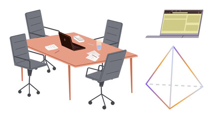 Office table with chairs, laptop, documents, and water cup alongside a colorful pyramid diagram and web interface. Ideal for teamwork, planning, productivity, data representation, workplace culture