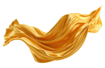 Golden yellow satin fabric flowing in dynamic wave pattern, isolated on transparent background