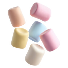 Pastel marshmallows in soft colors floating, isolated on transparent background