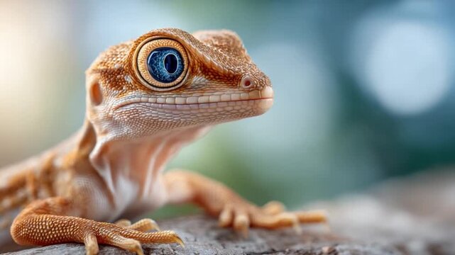 Gecko's Curious Gaze: Captivating close-up of a gecko with stunning blue eye, its textured skin and focused expression offering a glimpse into the miniature world. 