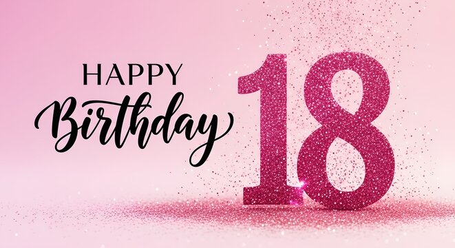 Happy 18th birthday celebration with pink glitter numbers and confetti on a soft pink background, a milestone event