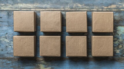 distribution. Minimalist arrangement of parcel boxes on a wooden surface for delivery concept. mobility guides, transit brochures, designed for mobility and urban transit guides.