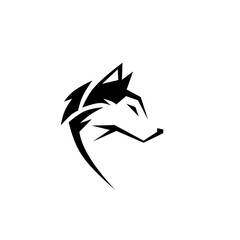 A fierce black silhouette of a wolf's head in profile with sharp, dynamic lines. A strong, modern minimalist wild animal logo for sports or security.