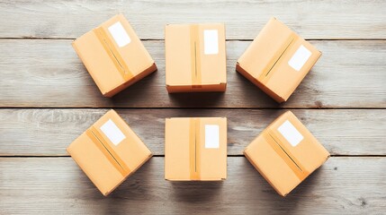 distribution. Minimalist arrangement of parcel boxes on a wooden surface for delivery concept. mobility guides, transit brochures, designed for mobility and urban transit guides.