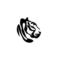 A powerful black silhouette of a tiger's head with stylized stripes. Fierce, dynamic minimalist animal logo design perfect for sports or corporate branding.