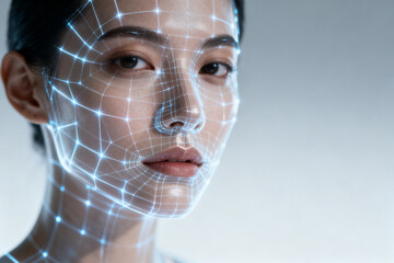 Woman with digital face grid overlay