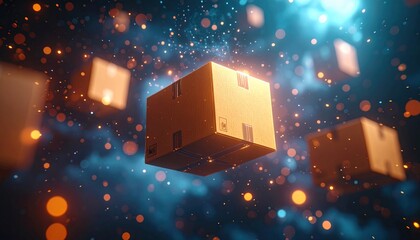 Unbranded package box floating in zero gravity surrounded by glowing particles