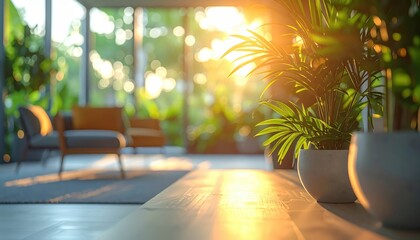 Bright sunlight streams through large glass windows, illuminating an indoor space featuring potted green plants, comfortable chairs, and a soft rug, creating a warm, inviting atmosphere.