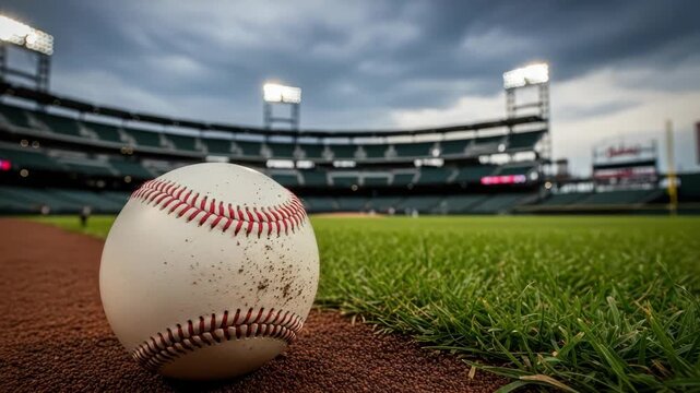 white baseball with red stitching and dirt specks rests on the brown dirt near vibrant green grass A large empty stadium with bright lights and scoreboards looms under cloudy sky