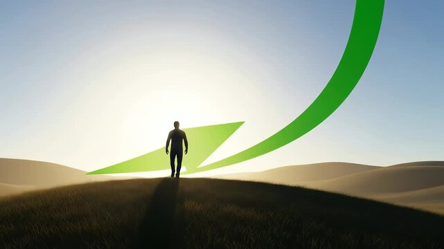 Silhouette of a Person Walking Towards Bright Sunlight on Hilltop with Green Arrow Against a Soft Blue Sky Symbolizing Growth and Progress in Business