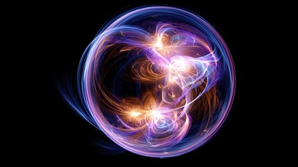 3D render of a colorful abstract glowing sphere with red and violet hologram effect on a black background, showing energy flow visualization, light trail motion, and futuristic digital power concept