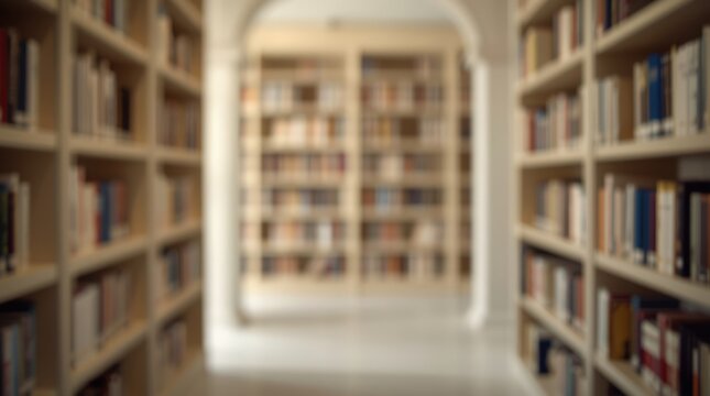 A blurry view of a library aisle with bookshelves filled with books on both sides of the walkway