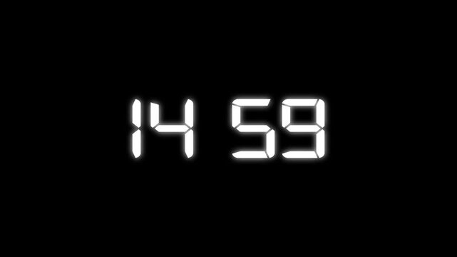 White  color digital timer number icon animation . Digital clock with time 14 hours 29 minutes on black background.