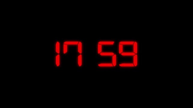 Red color digital timer number icon animation . Digital clock with time 17 hours 59 minutes on black background.