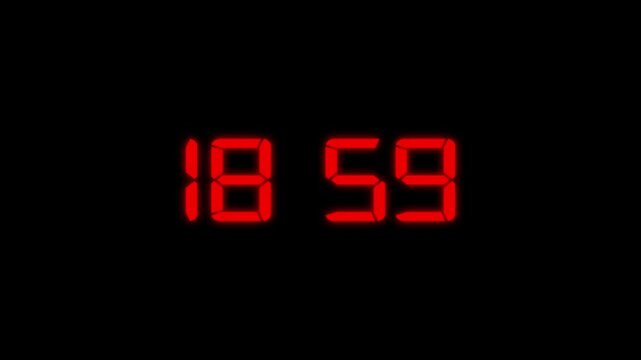 Red color digital timer number icon animation . Digital clock with time 18 hours 59 minutes on black  background.