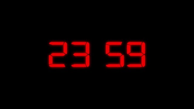 Red color digital timer number icon animation . Digital clock with time 23 hours 59 minutes on black  background.