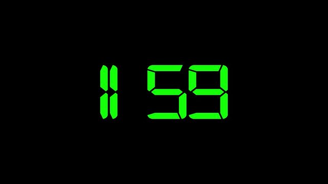 Green color digital timer number icon animation . Digital clock with time 11 hours 59 minutes on black  background.