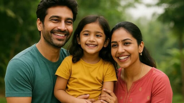 A joyful family portrait in a natural setting, captured from a front-facing angle. Ideal for a heartwarming video or family-themed project.
