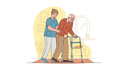 This flat design illustration depicts a caregiver helping an elderly man with his mobility using a walker, emphasizing compassionate assistance and support for seniors.