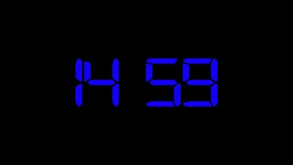 Blue color digital timer number icon animation . Digital clock with time 14 hours 59 minutes on black  background.
