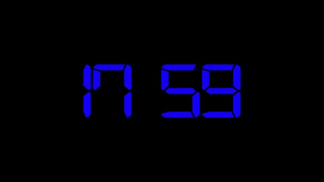 Blue color digital timer number icon animation . Digital clock with time 17 hours 59 minutes on black  background.