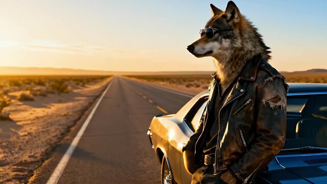 A cool lone wolf wearing a leather jacket and sunglasses leans on a classic car on a desert highway at sunset