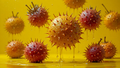 Vibrant Gac Fruit Display with Spikes and Dripping Juice