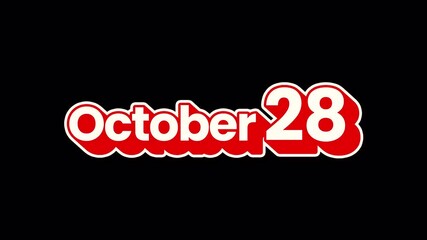 October 28 Calendar Sticker Animation in Red, Transparent Background