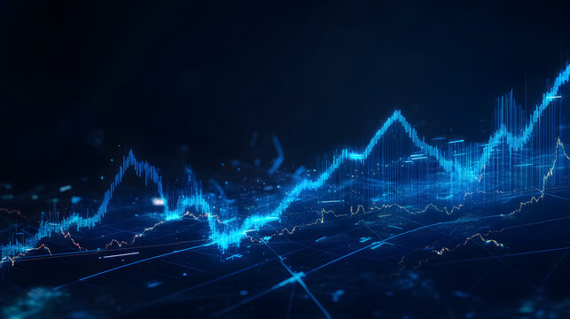 Abstract financial graph featuring an uptrend line and arrows on a blue stock market background. - Powered by Adobe