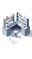 Obraz premium Isometric Laboratory Setup with Beakers, Flasks, and Shelving on White Background