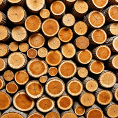 Stacked logs, wooden texture, circular cuts, natural color variations, wood grain