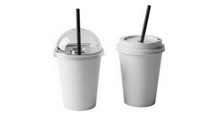 Two disposable cups with straws isolated on transparent background for takeaway